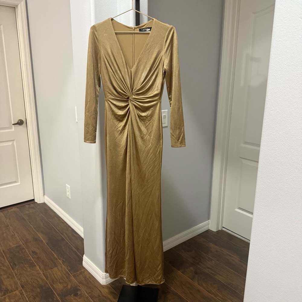 Lauren Ralph Lauren Size 2 Twist Front Jersey Maxi Shift Dress Gold Long Sleeves - Picture 2 of 11